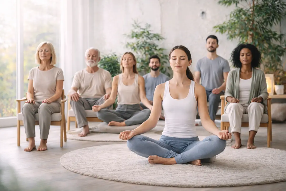 Clase de meditación presencial en Almería con grupo de alumnos practicando